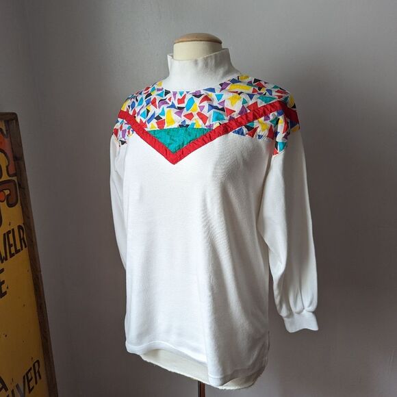 Vintage Tops - Vintage 80s White Mock Neck Bright Rainbow Confetti Print Size S